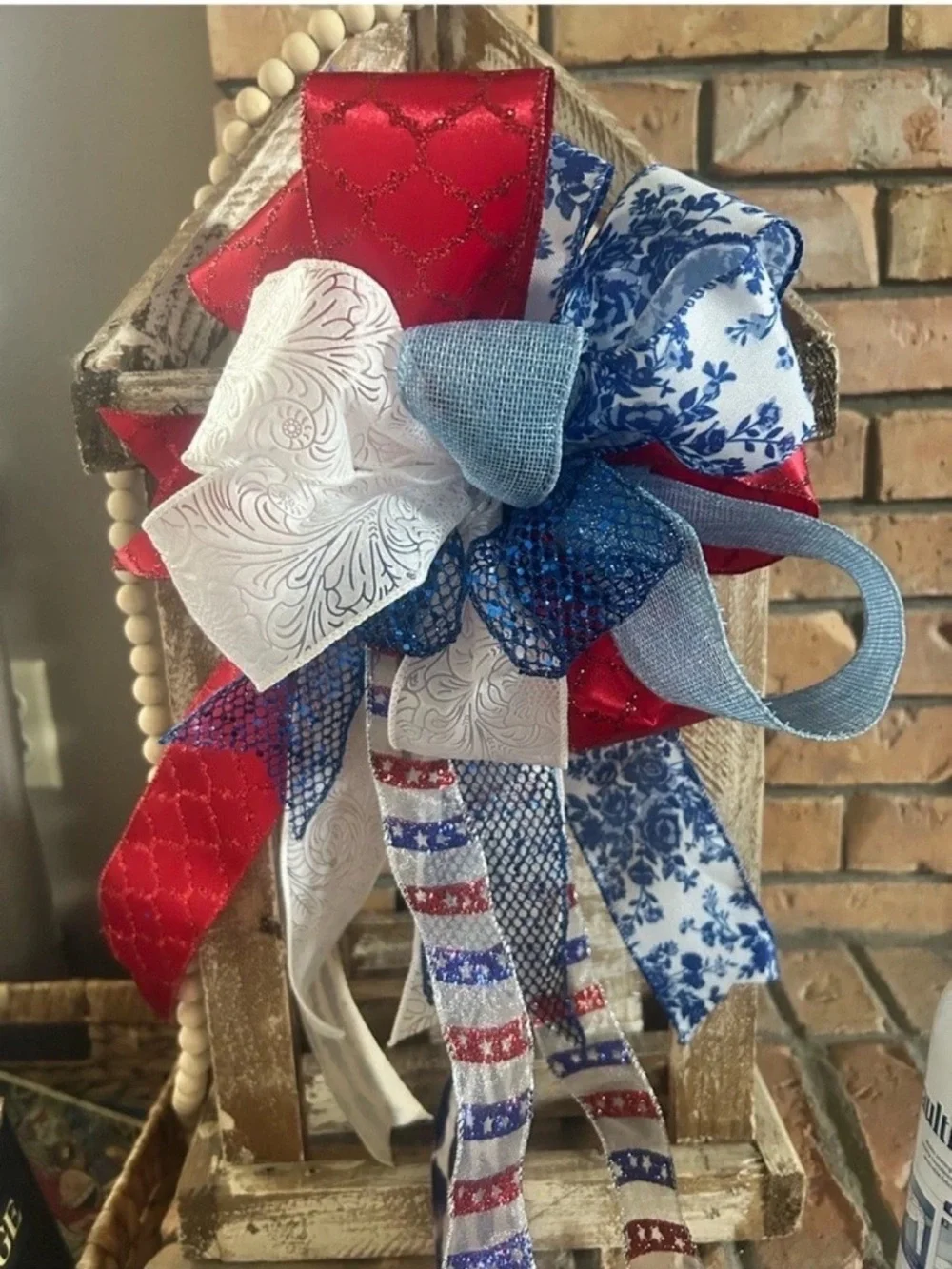 Patriotic Red, White & Blue Holiday Bow - Home Holiday Decoration